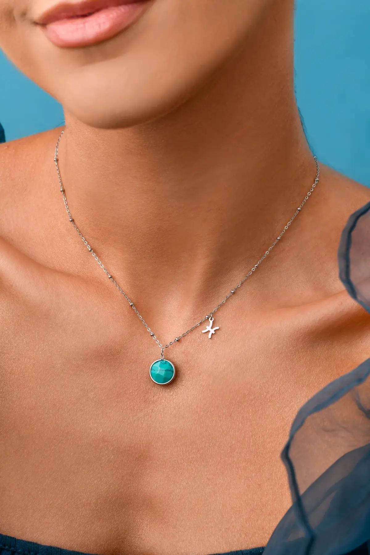 Colier pește, turcoaz, argintiu S3V72972-1S