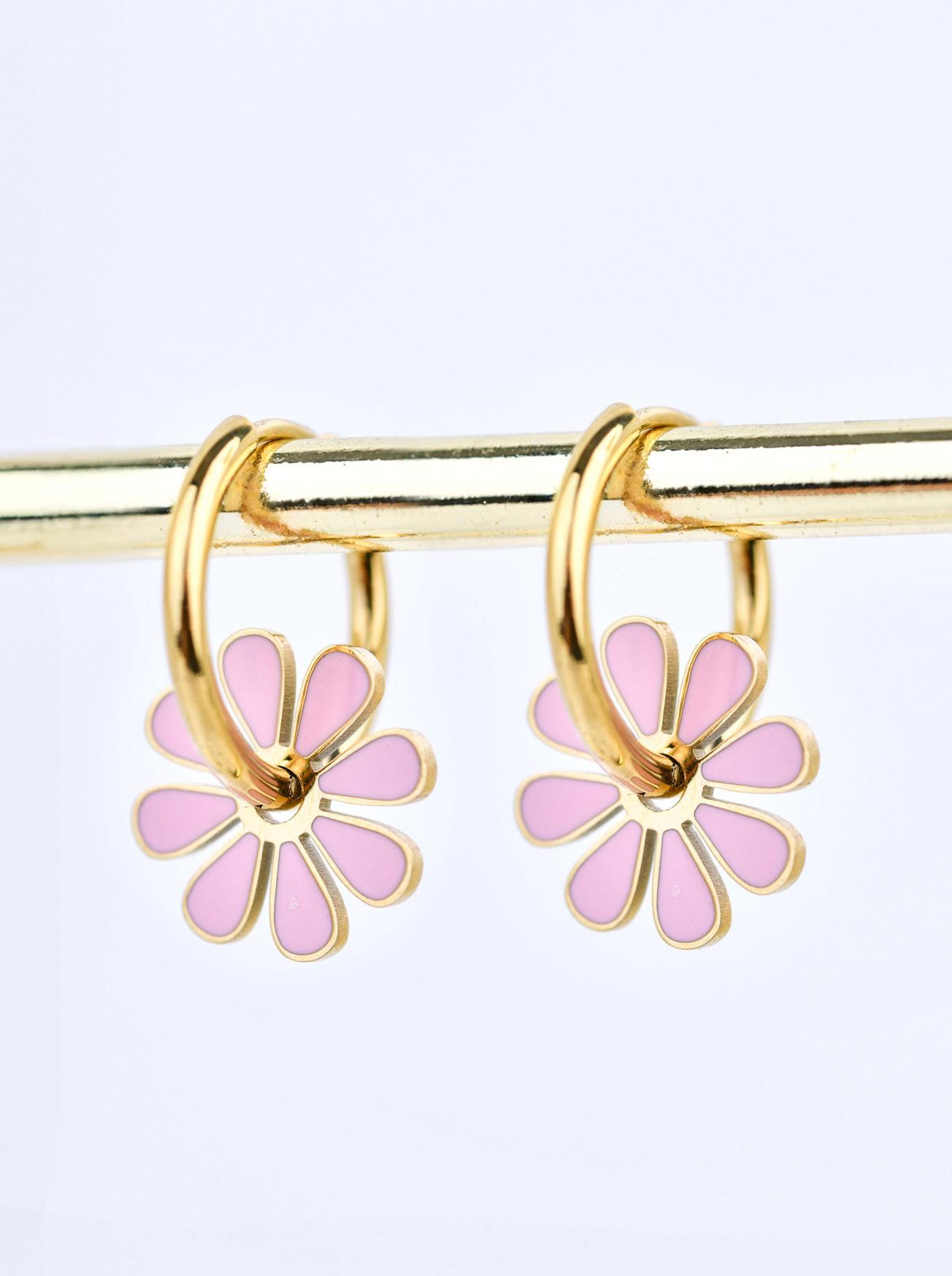 Cercei roz cu flori roz, oțel placat cu aur S210284Z06