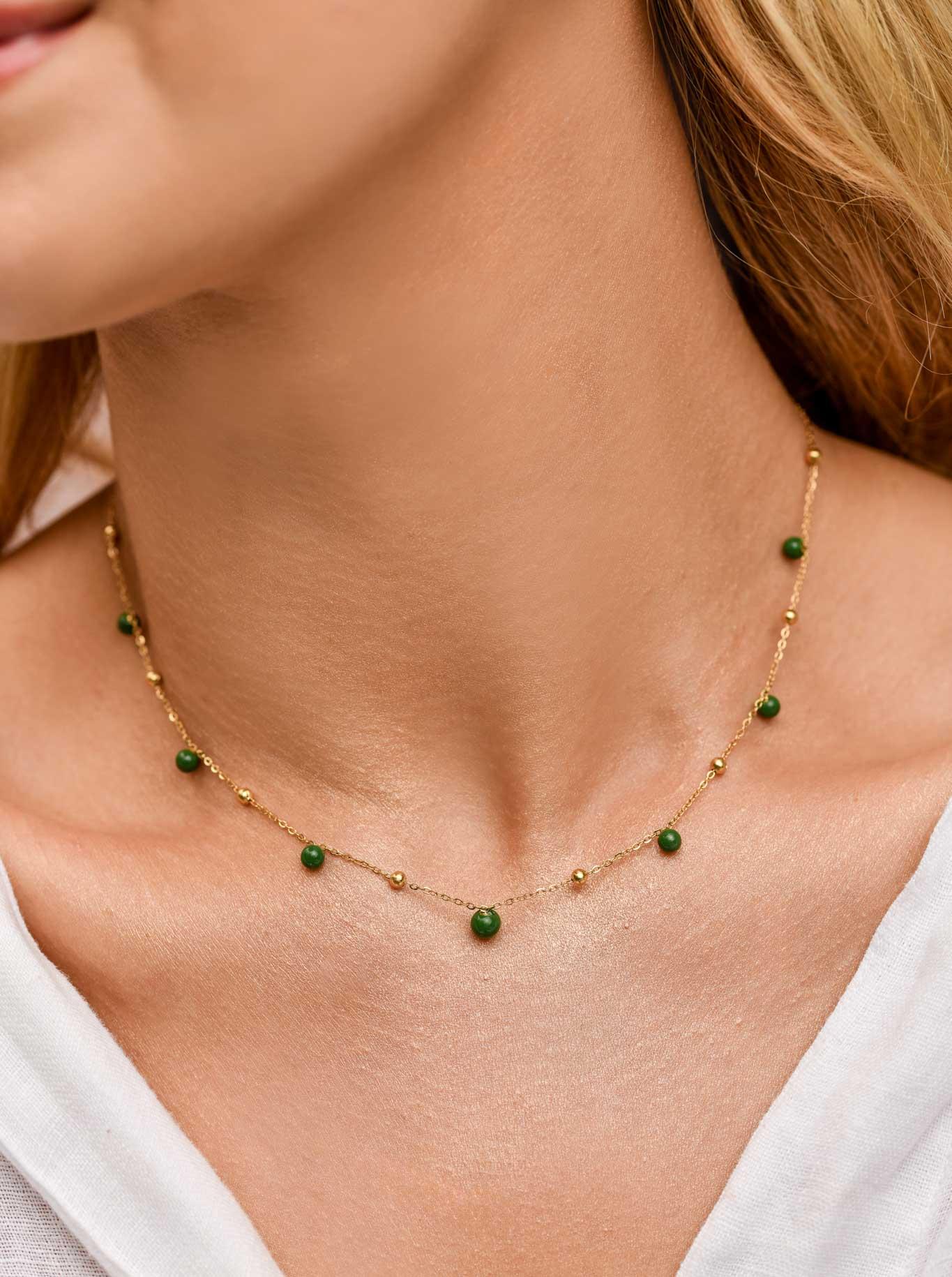 Colier cu bile verzi, oțel placat cu aur S309451Z05