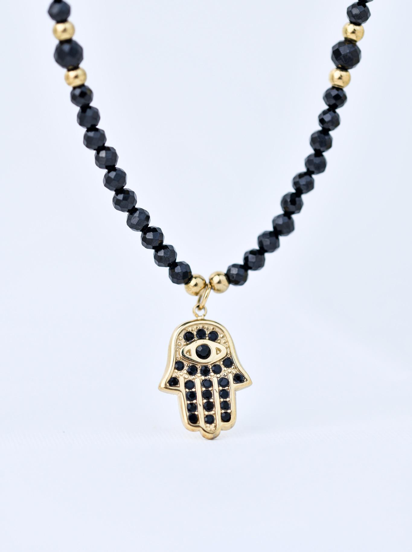 Colier choker negru spinel, Mana lui Fatima, cristale, oțel aurit, S310599Z00